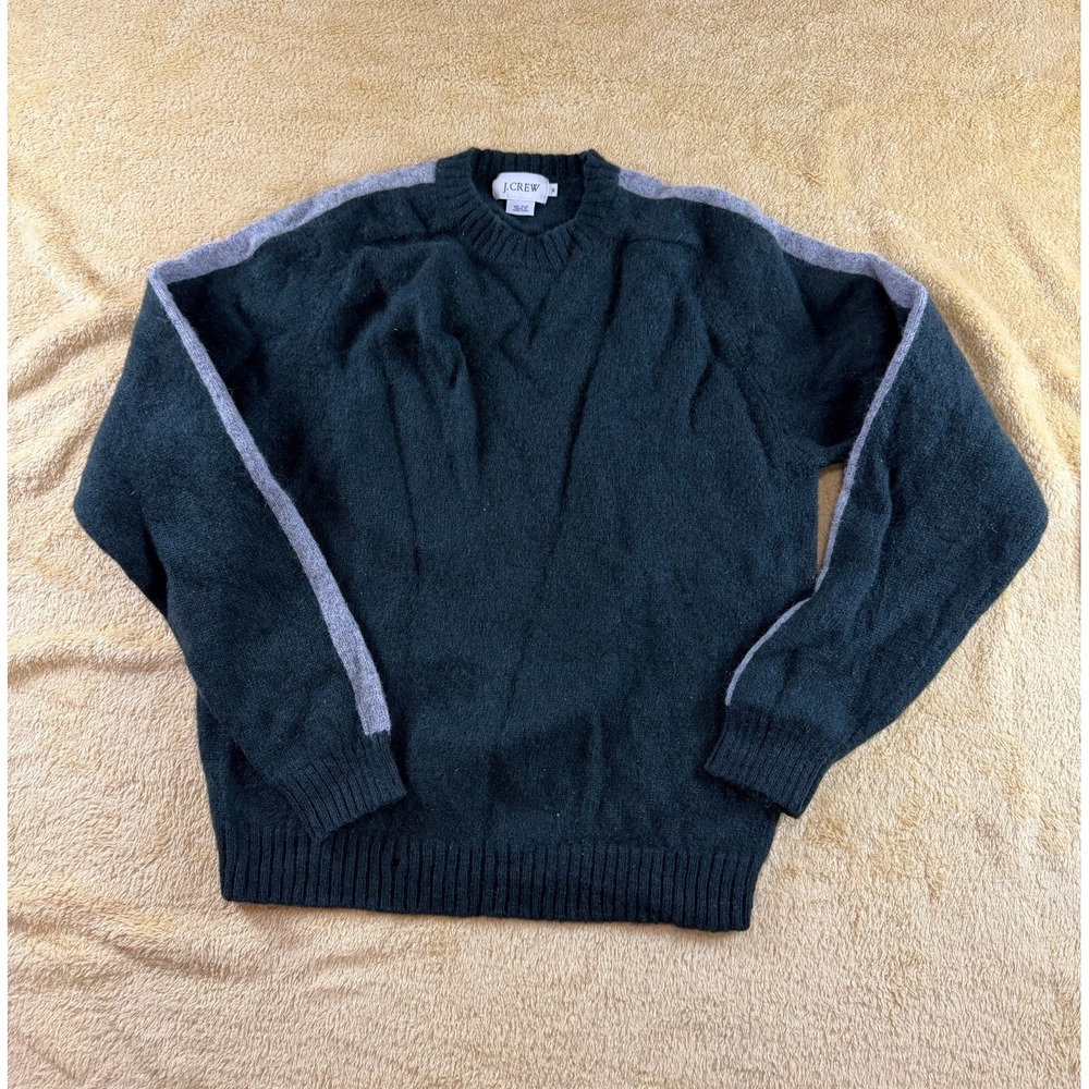 Vintage J.Crew Wool Sweater Mens M Dark Green Side Stripe Crew Neck Pullover - Picture 2 of 9